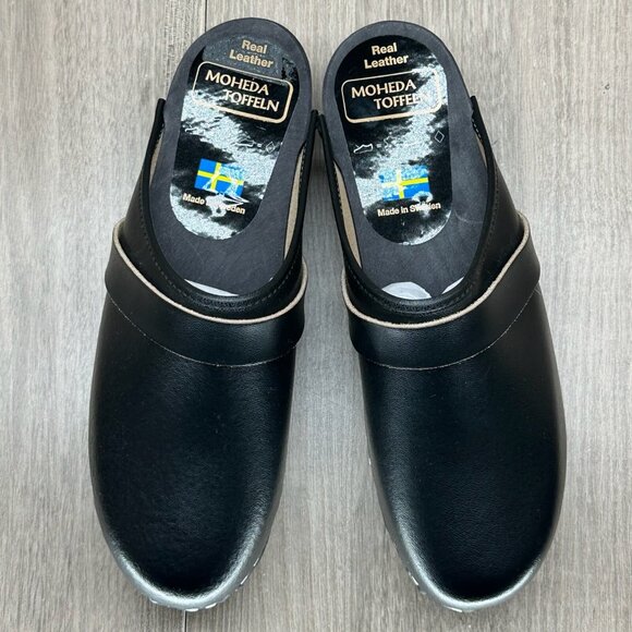 Moheda Toffeln Clog Sandals Womens Sz 39 Mule Slip On Leather Wedge Casual Black - Picture 7 of 13